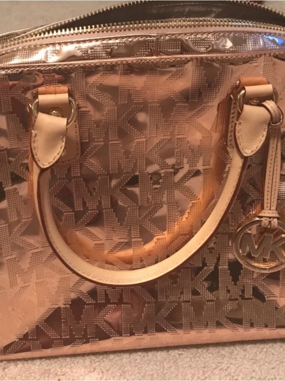 Michael Kors Rose Gold Metallic MK Logo Satchel with Cream Handles